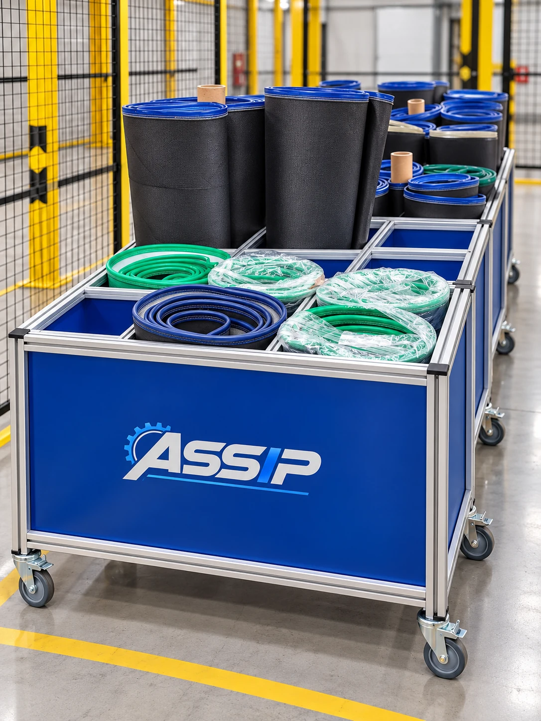 Rack bleu compartimenté en profilés aluminium et monté sur roulettes