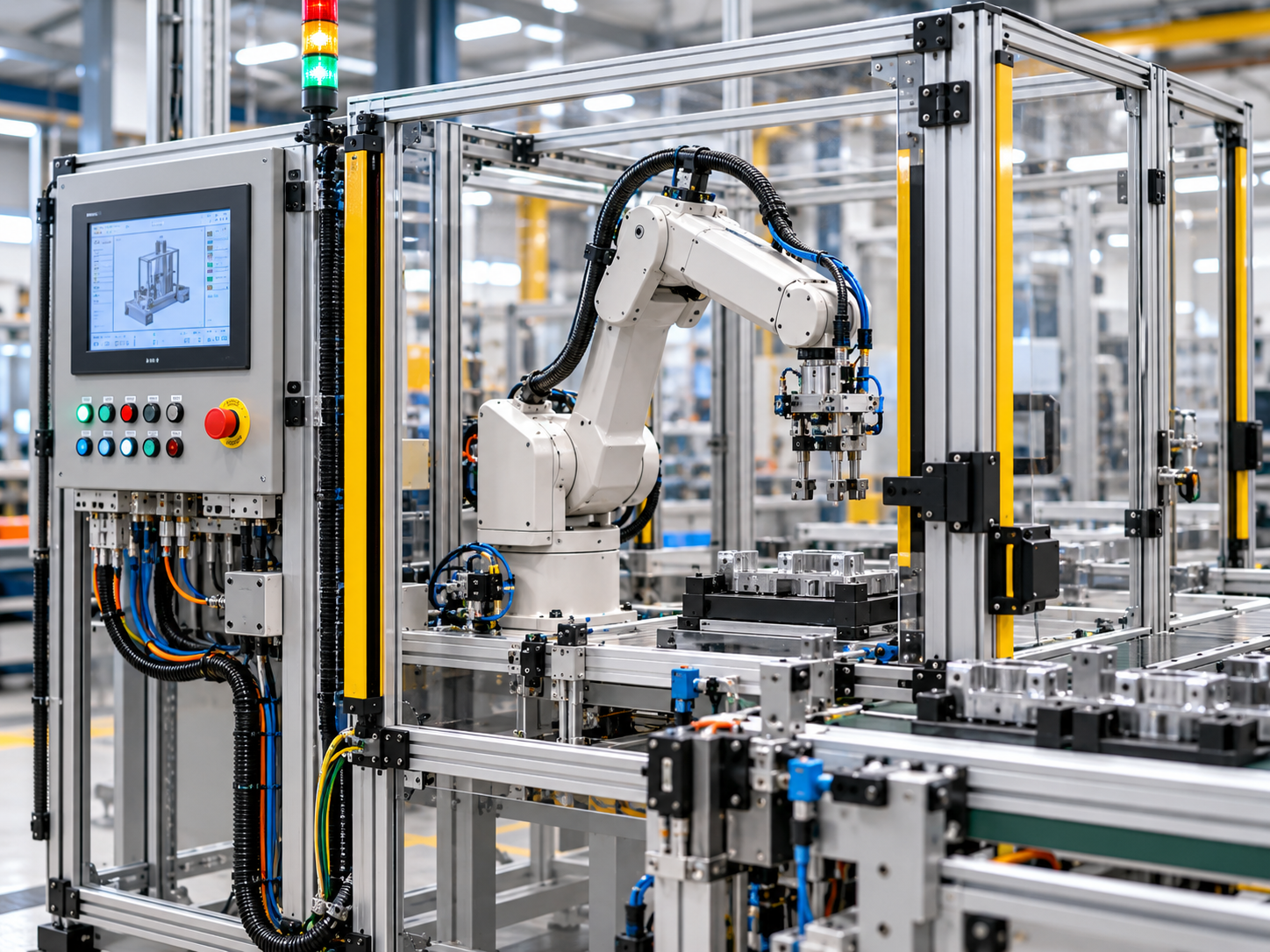 Cellule robotisée multiaxes avec commande et protections