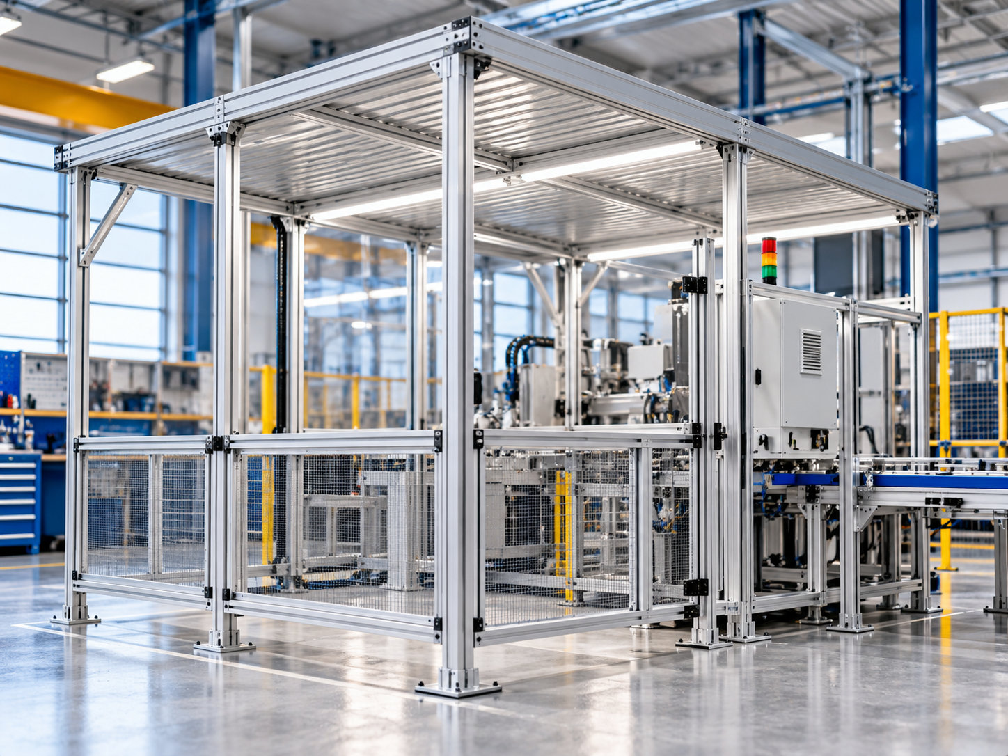 Structure modulaire en profilés aluminium avec couverture en atelier